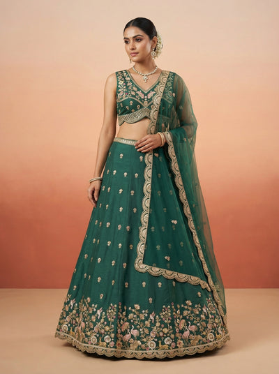 Green Chinnon Silk Lahenga with Motif Sequince Embridery