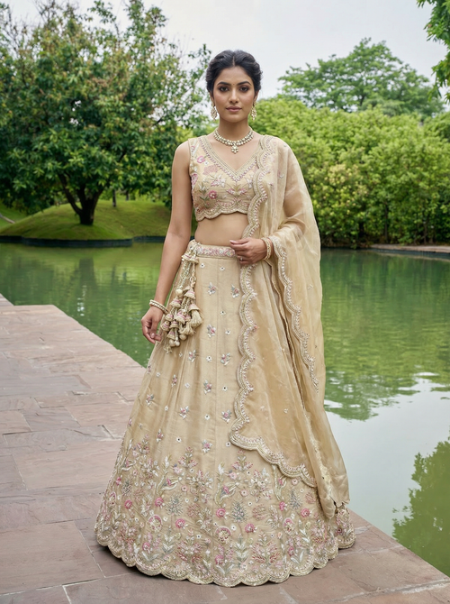 Beige Tissue Lahenga with Mirror sequince Embroidery