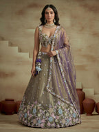 Shade of Purple Tissue Lahenga with Moti Embroidery