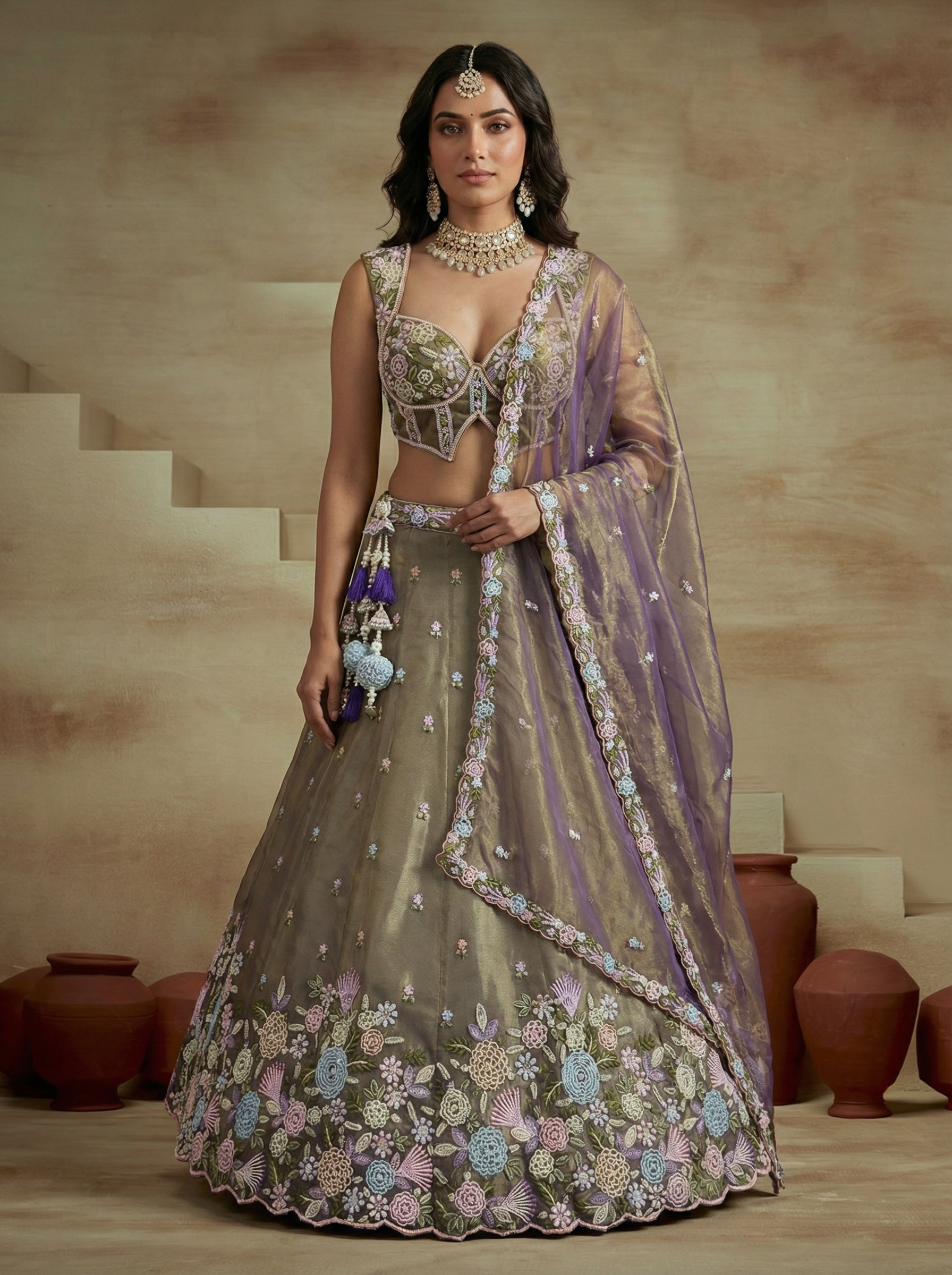Shade of Purple Tissue Lahenga with Moti Embroidery