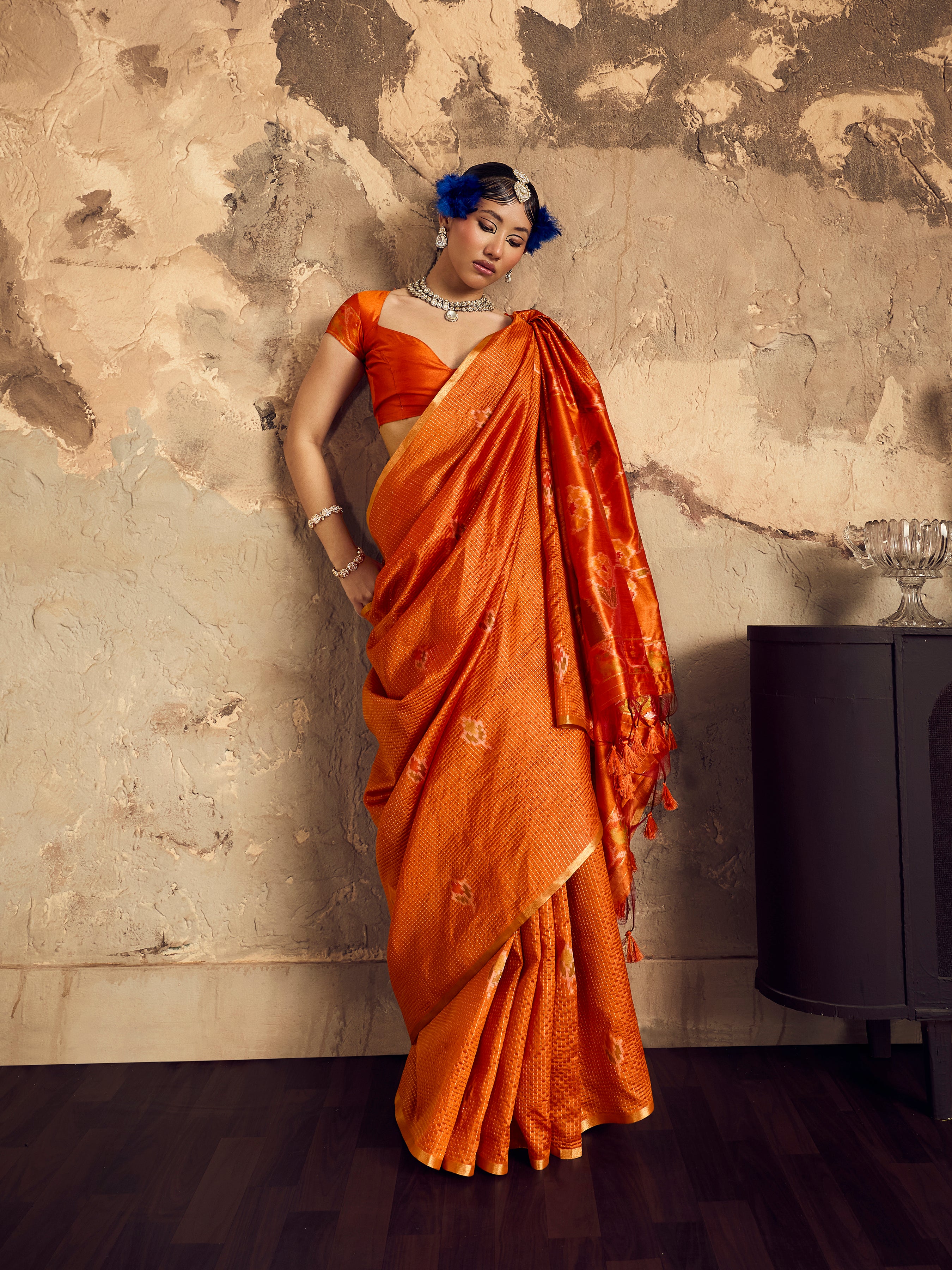 Orange Tussar Handloom Silk Saree