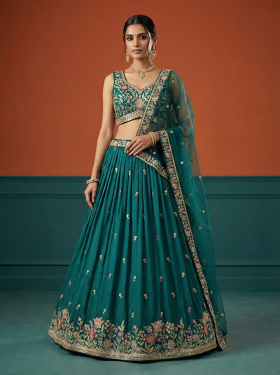 Green Georgette Lahenga with Sequince Embroidery