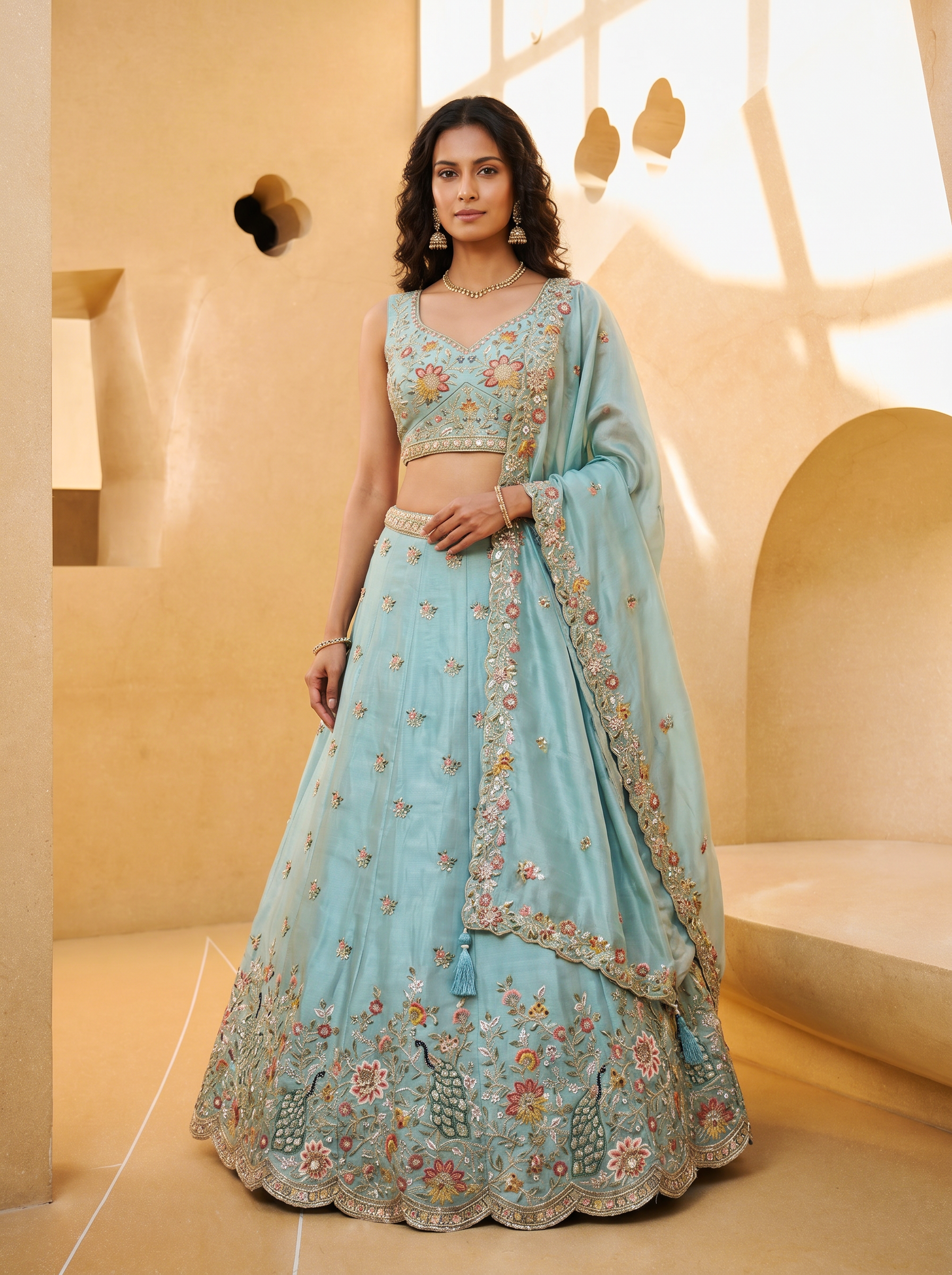 Light Blue Organza Lahenga with Zarkan & Sequince Embroidery