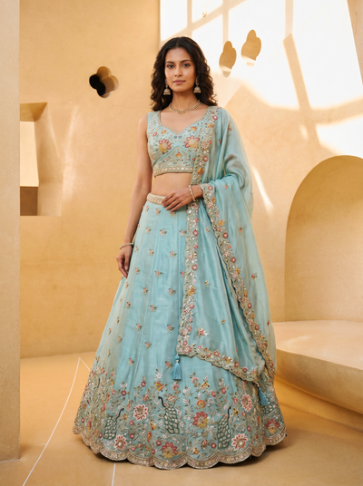Light Blue Organza Lahenga with Zarkan & Sequince Embroidery