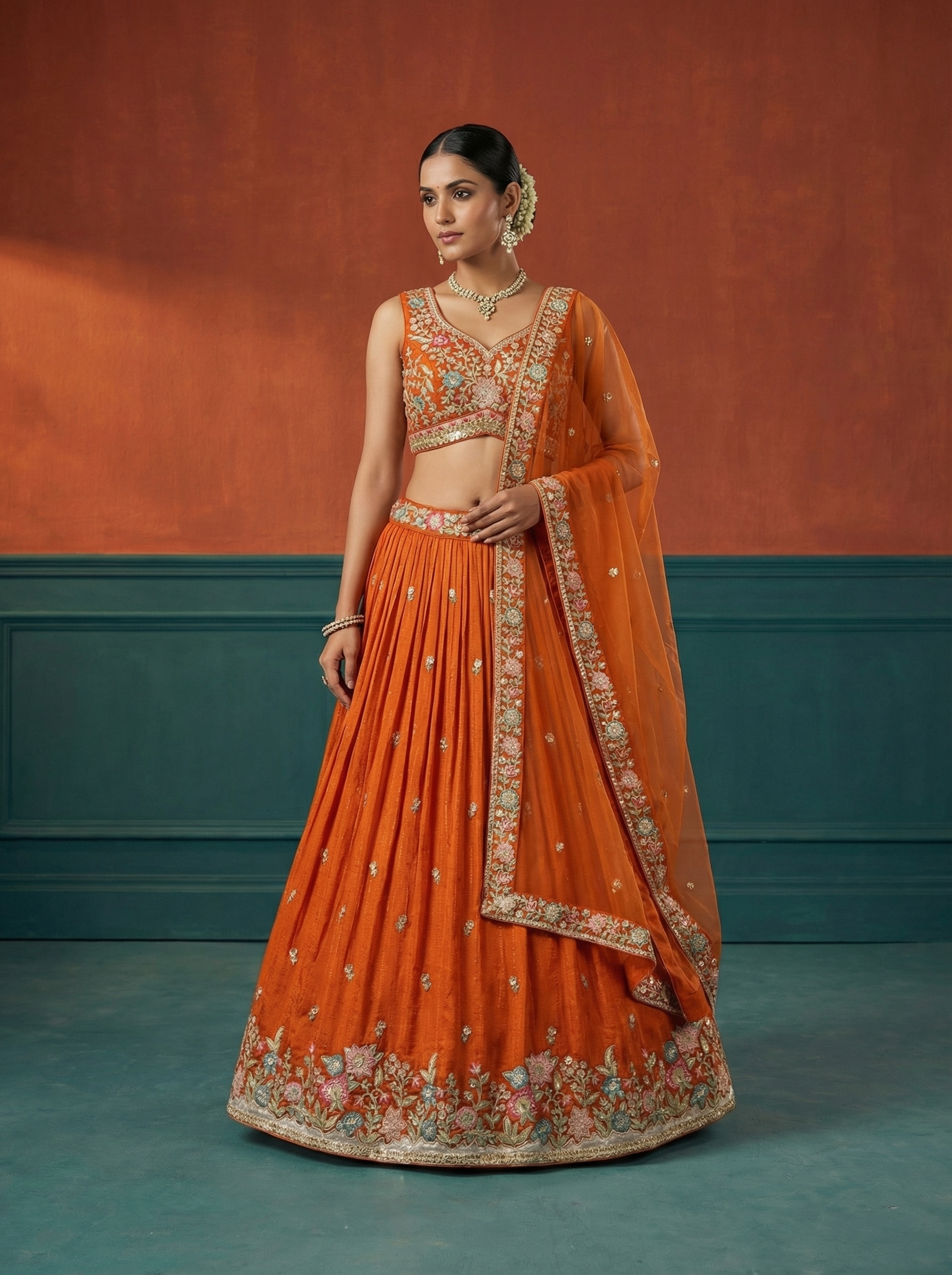 Orange Georgette Lahenga with Sequince Embroidery