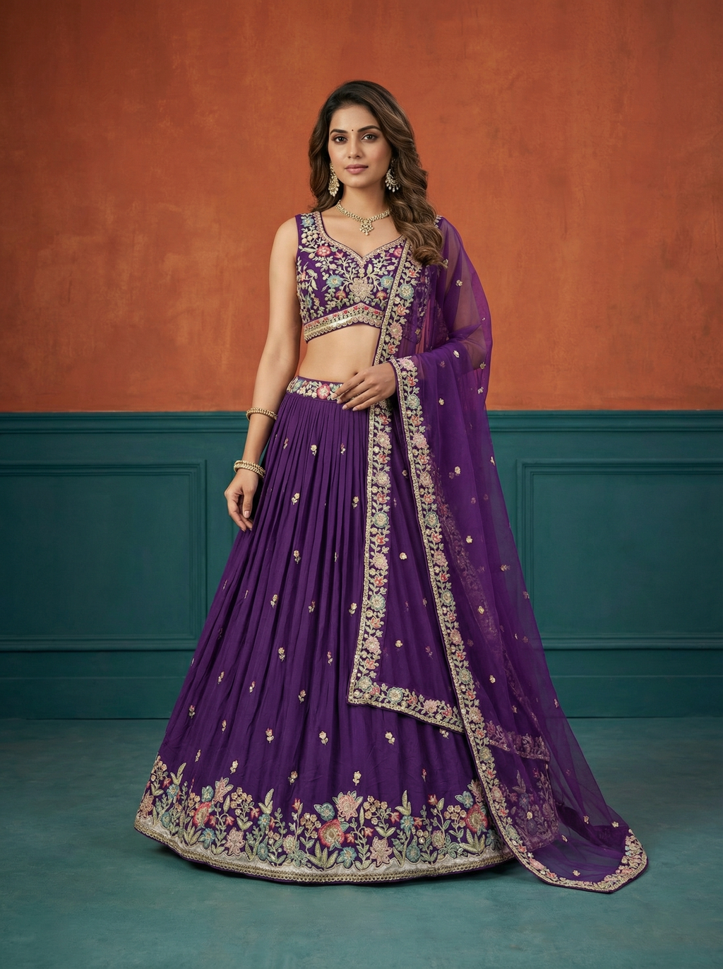 Purple Georgette Lahenga with Sequince Embroidery