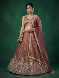 Rust Brown Tissue Lahenga with Moti Embroidery