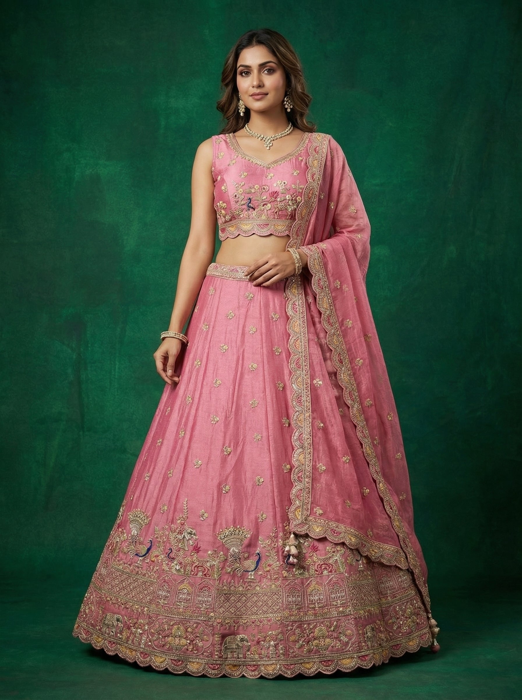 Pink Tissur Lahenga with Zarkan Embroidery