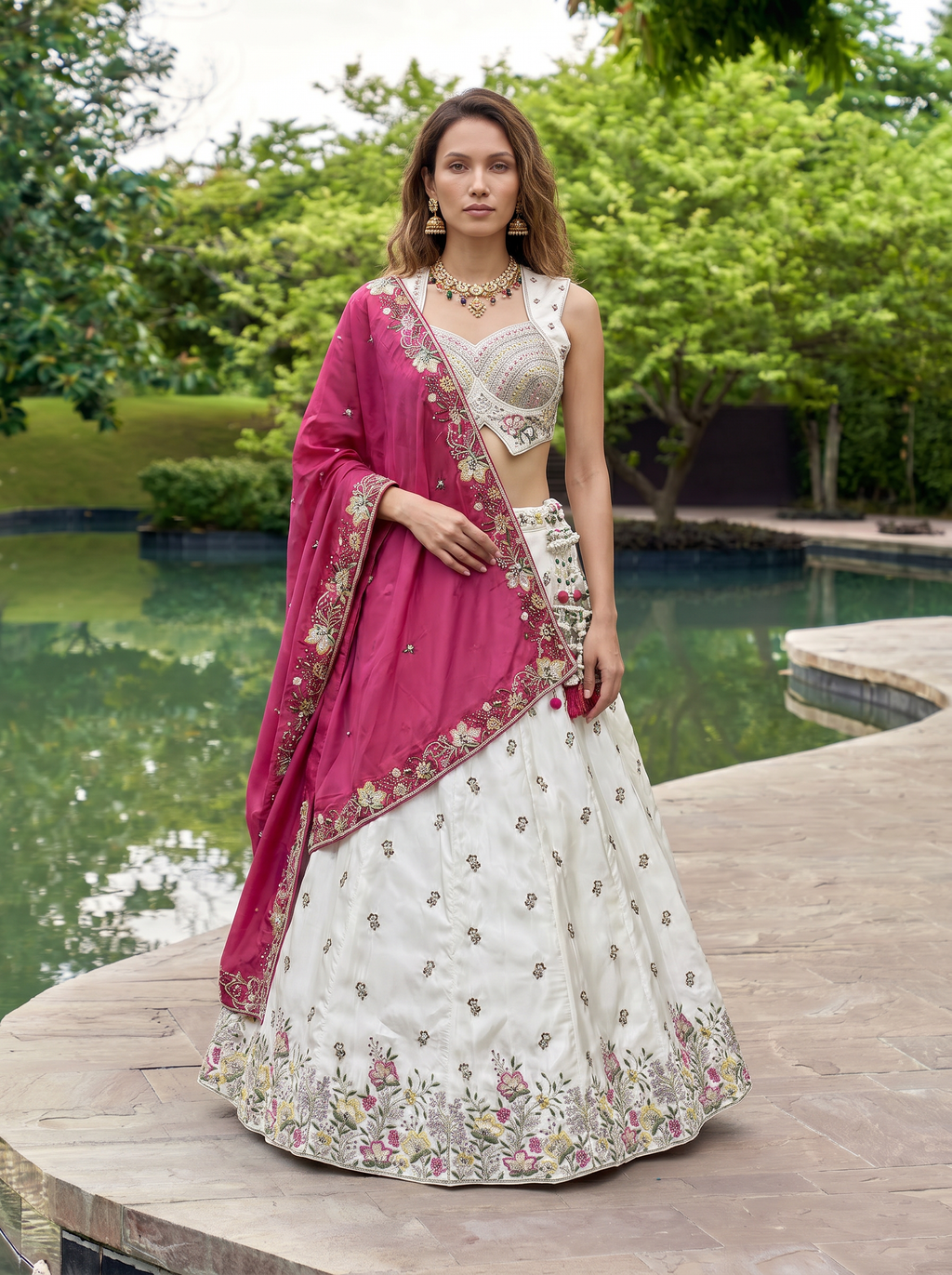 White & Rani Chiffon Lahenga with Sequince Embroidery
