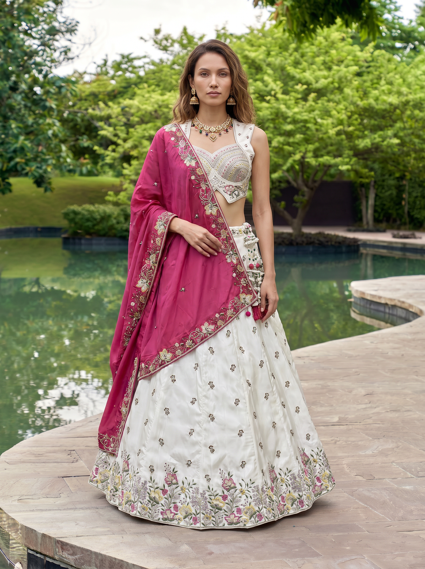 White & Rani Chiffon Lahenga with Sequince Embroidery