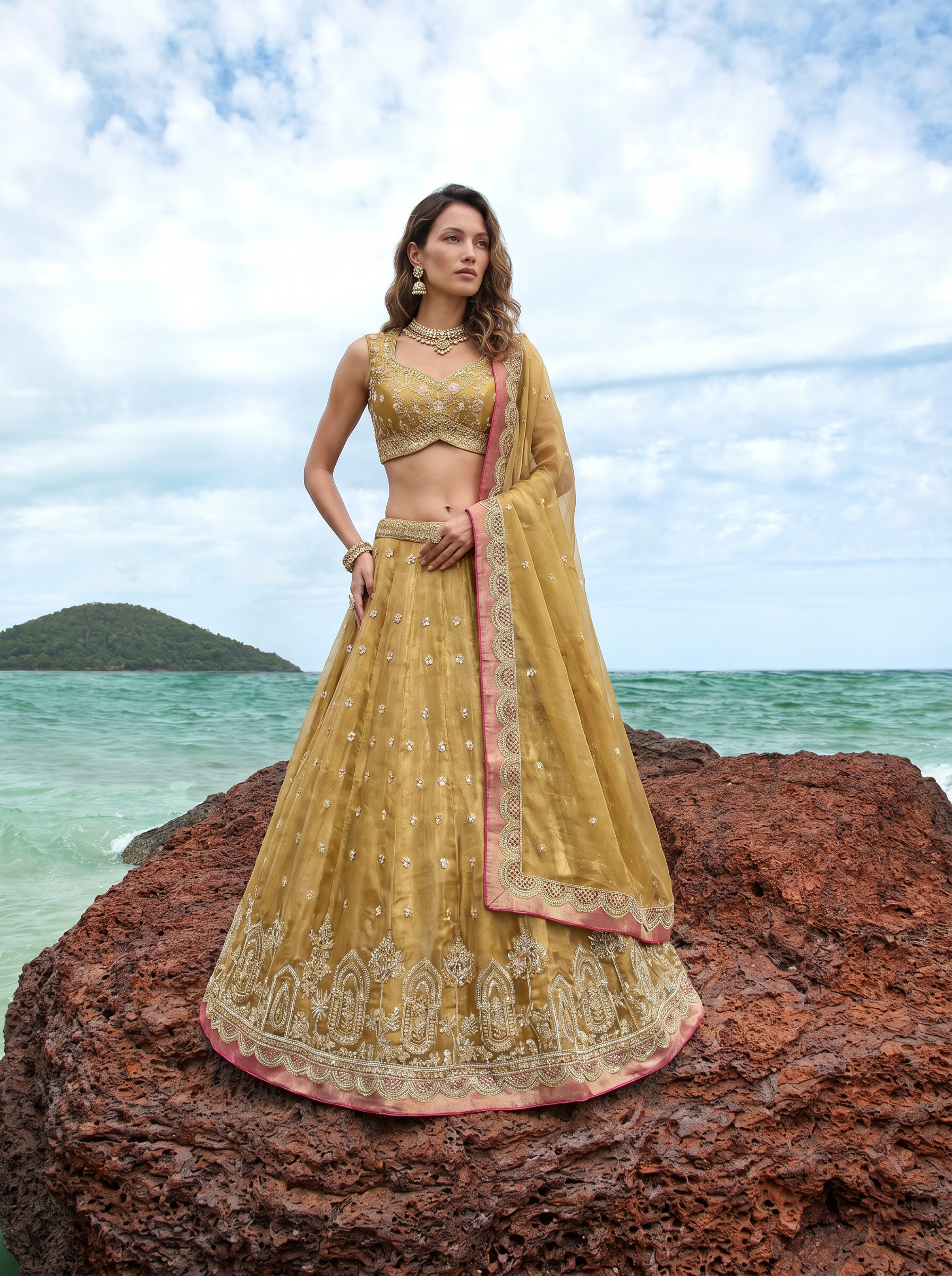 Mustard Tissue Lahenga with Sequince Embroidery