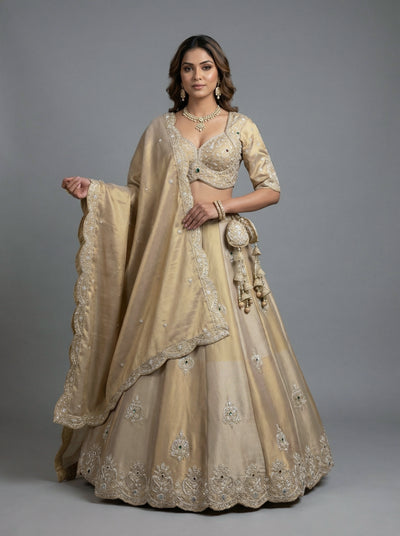 Golden Tissue Lahenga with Beads Embroidery