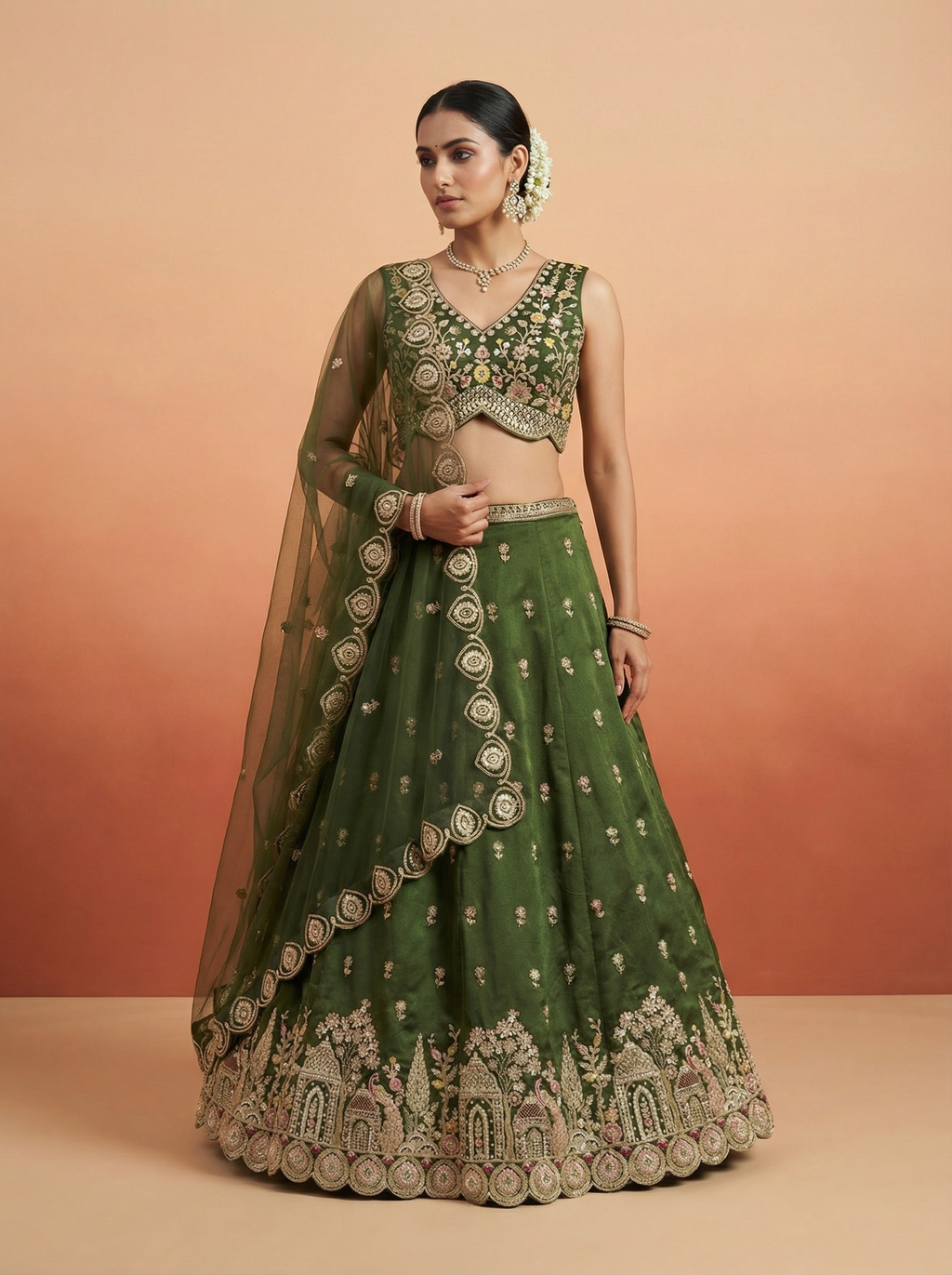 Olive Green Chinnon Silk Lahenga with Moti Sequince Embroidery