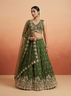 Olive Green Chinnon Silk Lahenga with Moti Sequince Embroidery