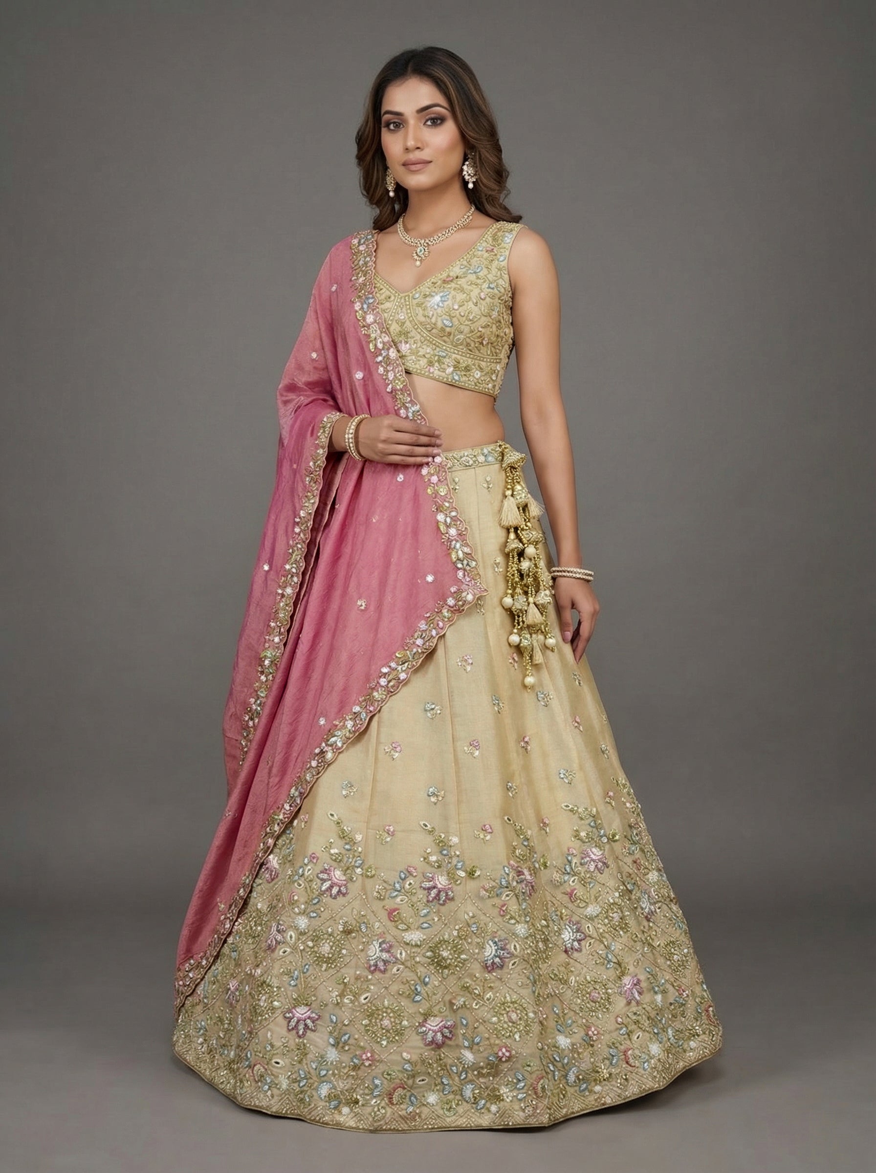 Beige Tissue Lahenga with Sequince Embroidery