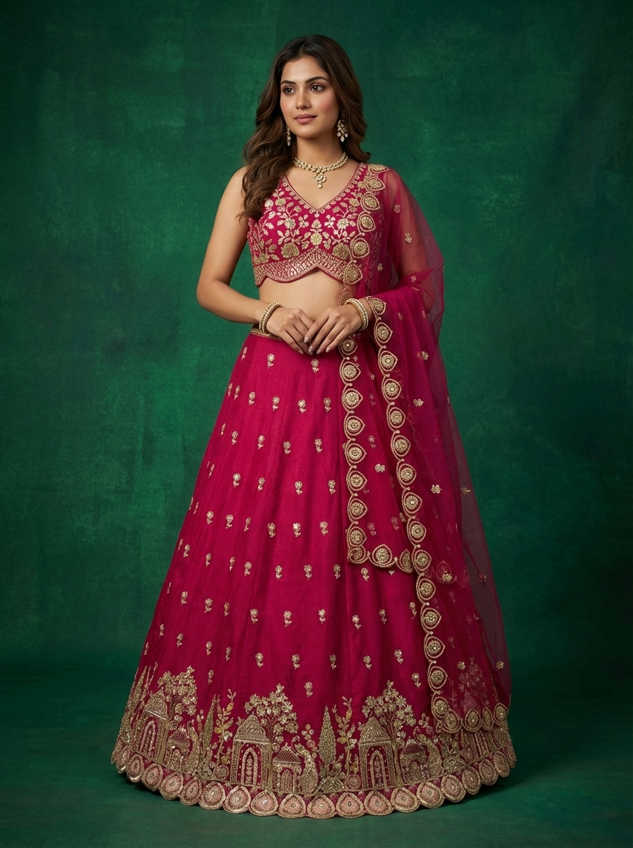 Pink Chinnon Silk Lahenga with Moti Sequince Embroidery