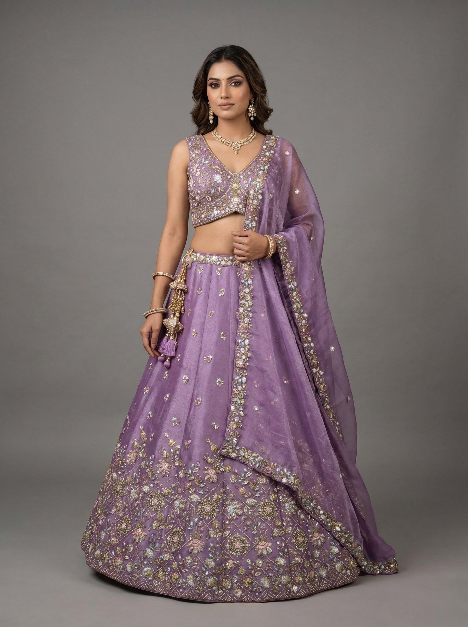 Lavender Tissue Lahenga with Sequince Embroidery
