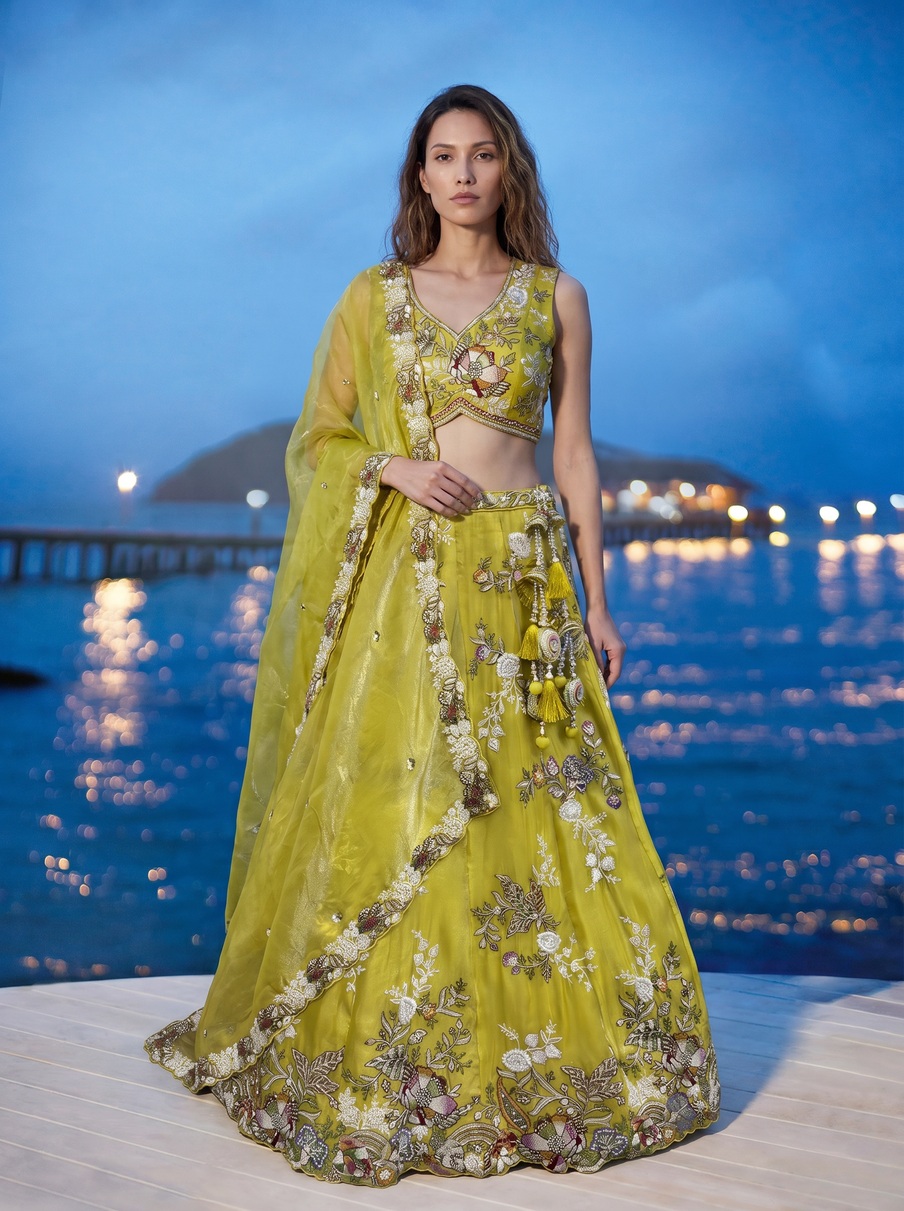 Yellow Tissue Lahenga with Woolen Embroidery