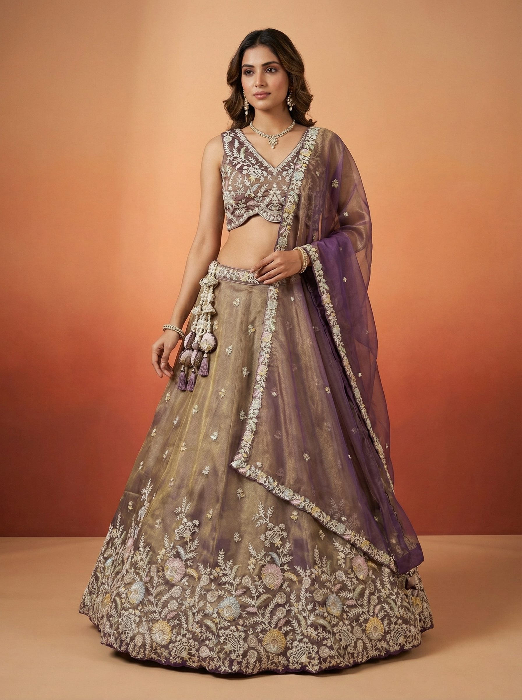 Shade of Purple Tissue Lahenga with Moti Embroidery