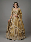 Beige Golden Tissue Lahenga with Beads Embroidery