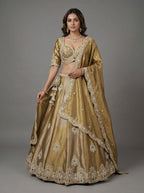 Beige Golden Tissue Lahenga with Beads Embroidery