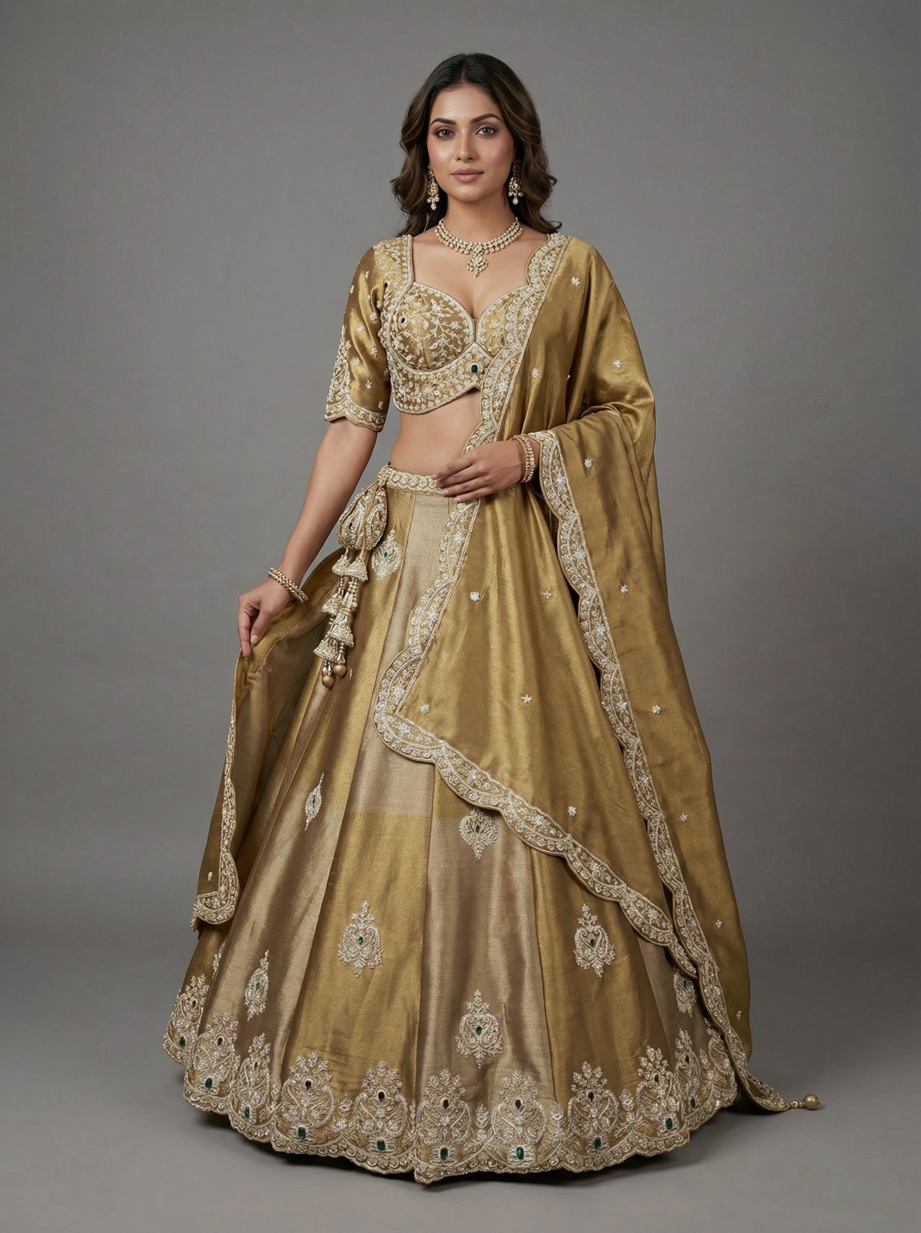 Beige Golden Tissue Lahenga with Beads Embroidery