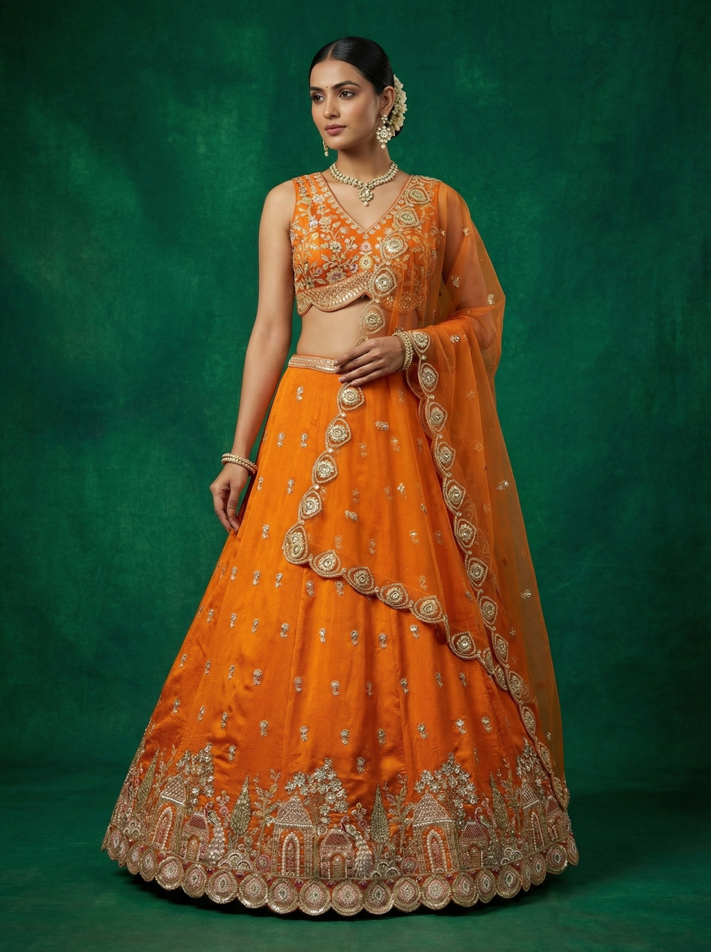Orange Chinnon Silk Lahenga with Moti Sequince Embroidery