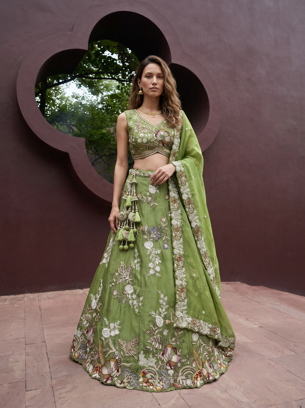 Pista Green Tissue Lahenga with Woolen Embroidery