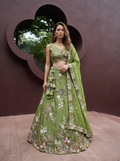 Pista Green Tissue Lahenga with Woolen Embroidery