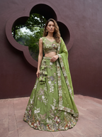 Pista Green Tissue Lahenga with Woolen Embroidery