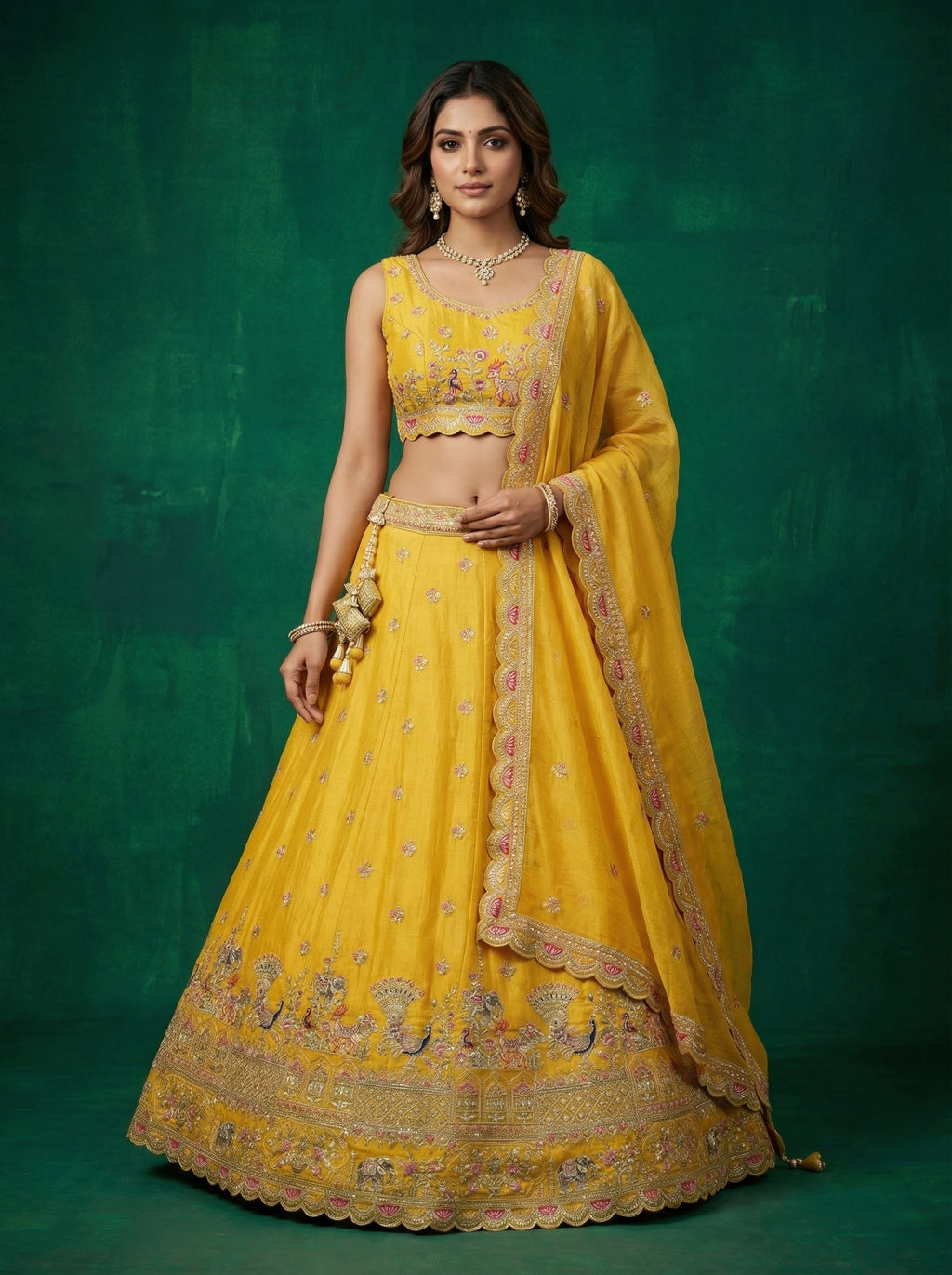 Yellow Tissue Lahenga with Zarkan Embroidery
