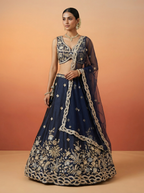 Dark Blue Tissue Lahenga with Beads Embriodery