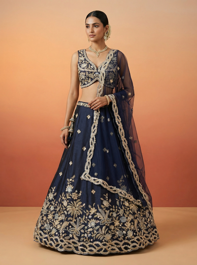 Dark Blue Tissue Lahenga with Beads Embriodery