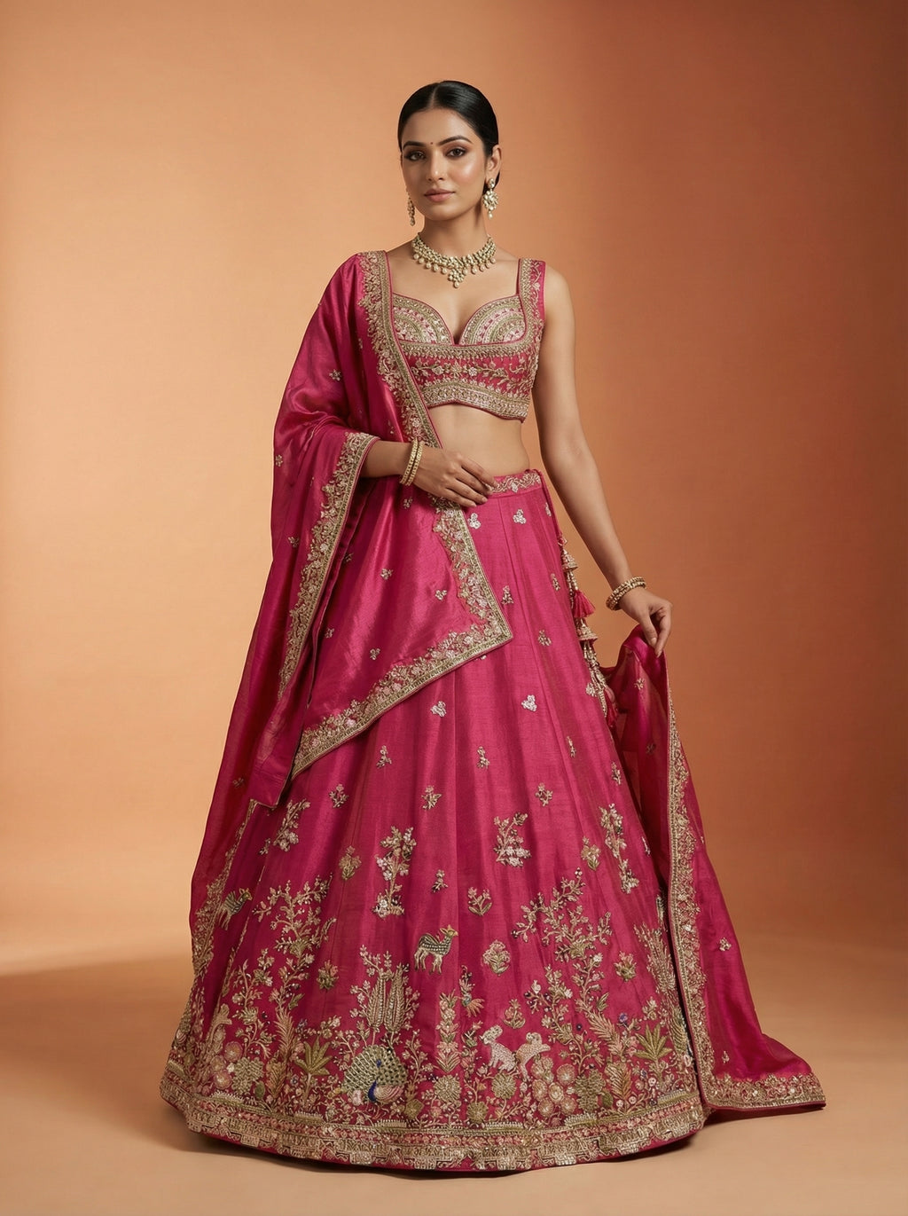 Pink Tissue Lahenga with colourful Peacock Embroidery