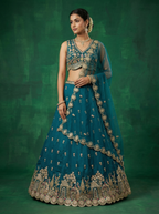 Teal Blue Chinnon Lahenga With Moti Sequence Embroidery