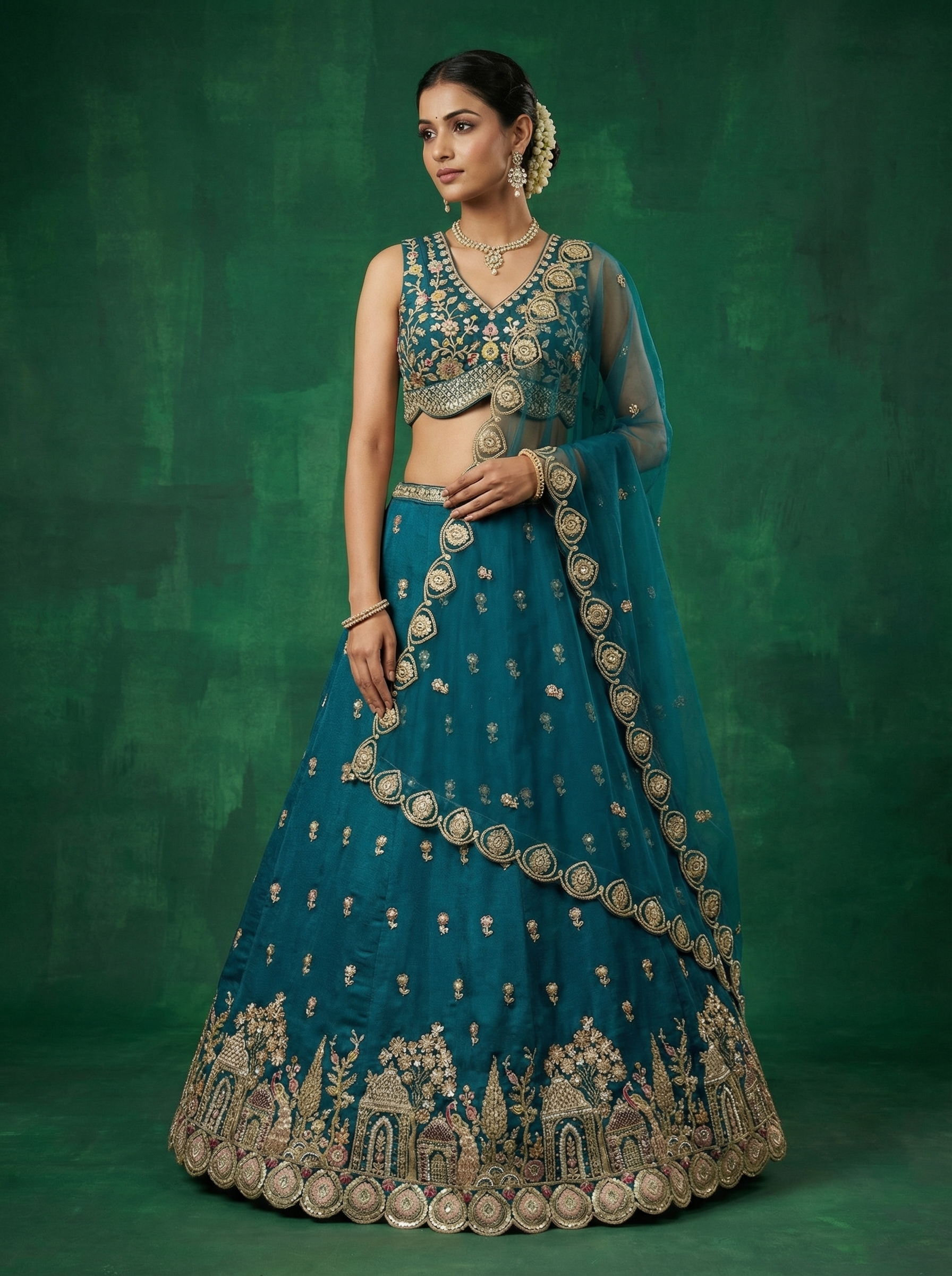 Teal Blue Chinnon Lahenga With Moti Sequence Embroidery