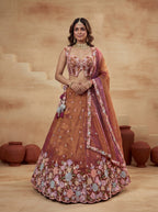 Rust colour Tissue Lahenga with Moti Embroidery