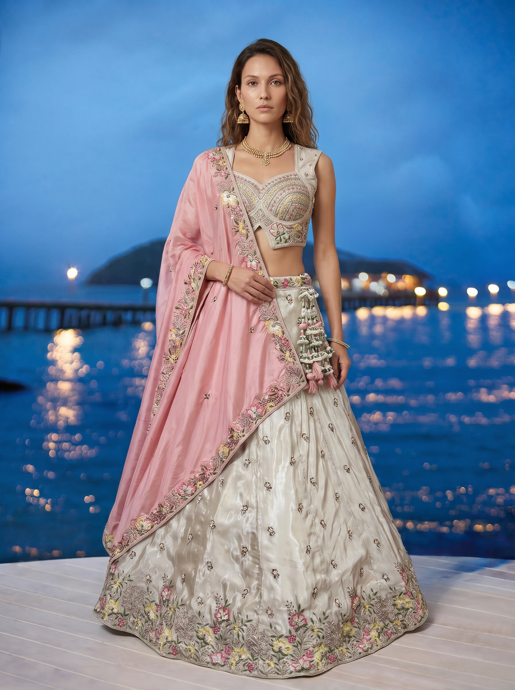 Grey & Pink Chiffon Lahenga with Sequince Embroidery