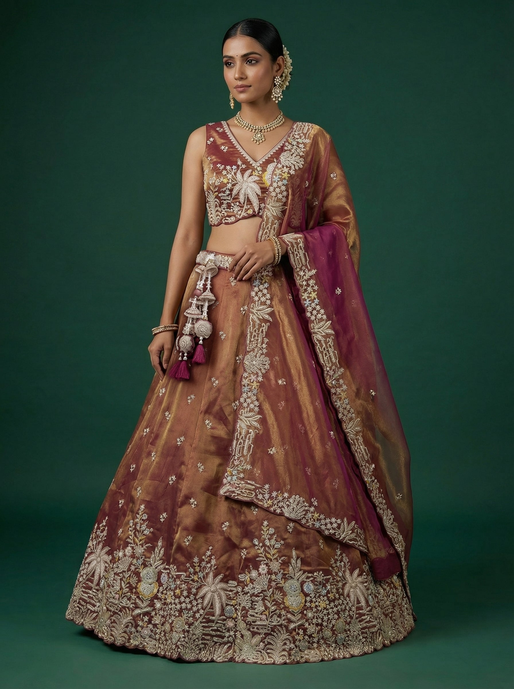 Rust Brown Tissue Lahenga With Moti Embroidery