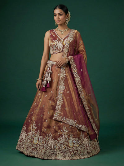 Rust Brown Tissue Lahenga With Moti Embroidery