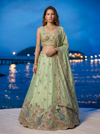 Pista Green Organza Lahenga with Zarkan & Sequince Embroidery