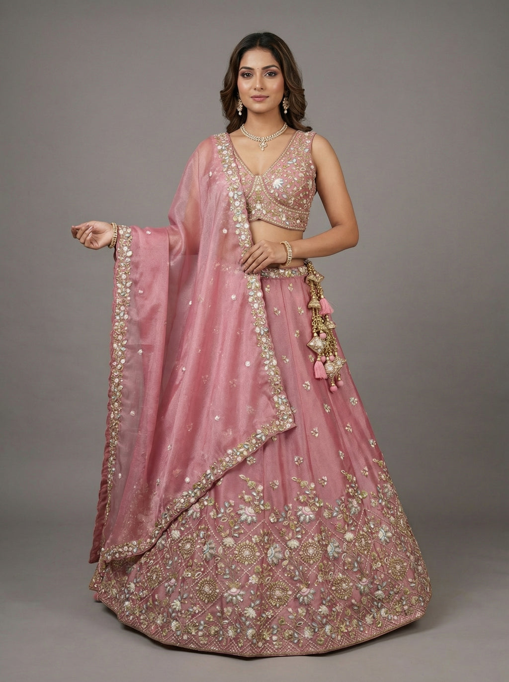Pink Tissue Lahenga with Sequince Embroidery