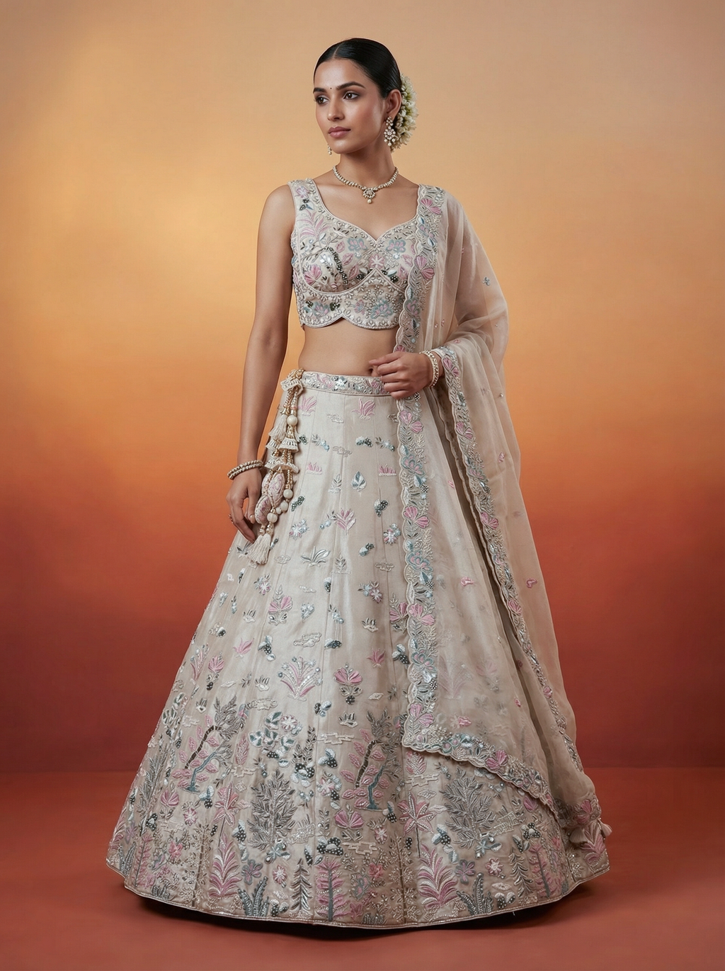 Silver Organza Lahenga with Swarovski Stones & Embroidery
