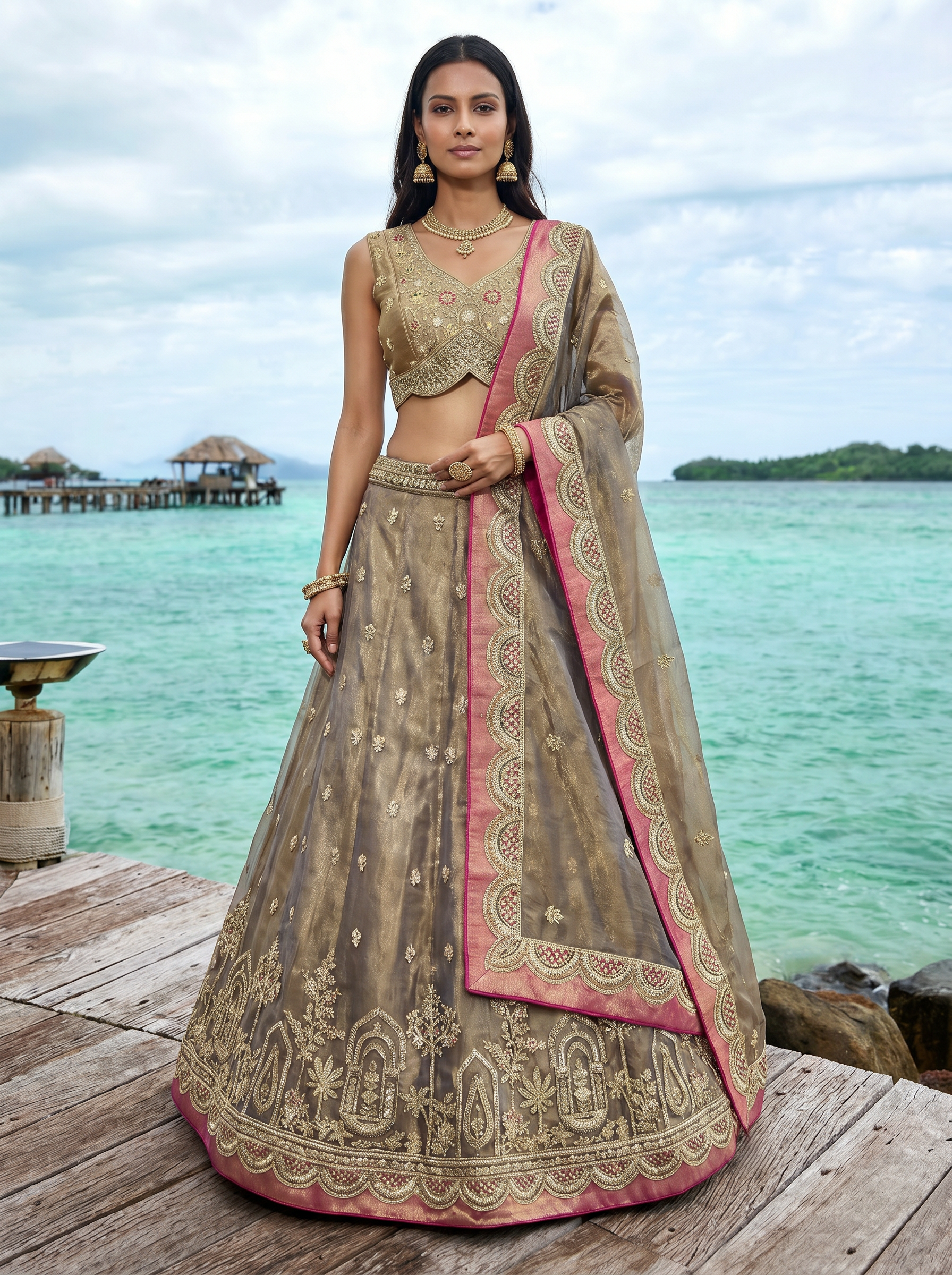 Shade of Teal Tissue Lahenga with Sequince Embroidery