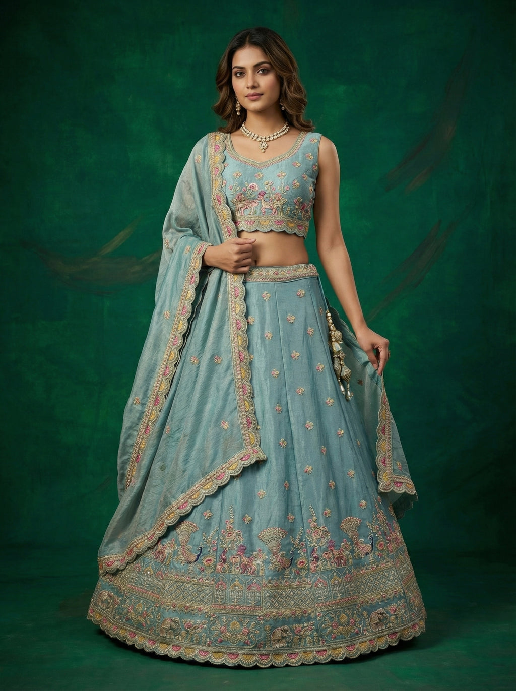 Turquoise Tissue Lahenga with Zarkan Embroidery
