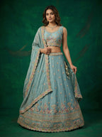 Turquoise Tissue Lahenga with Zarkan Embroidery