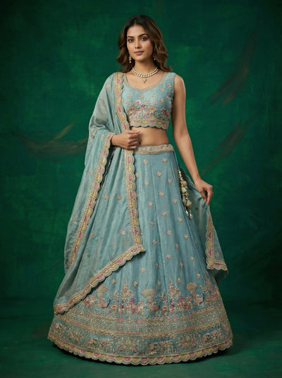 Turquoise Tissue Lahenga with Zarkan Embroidery