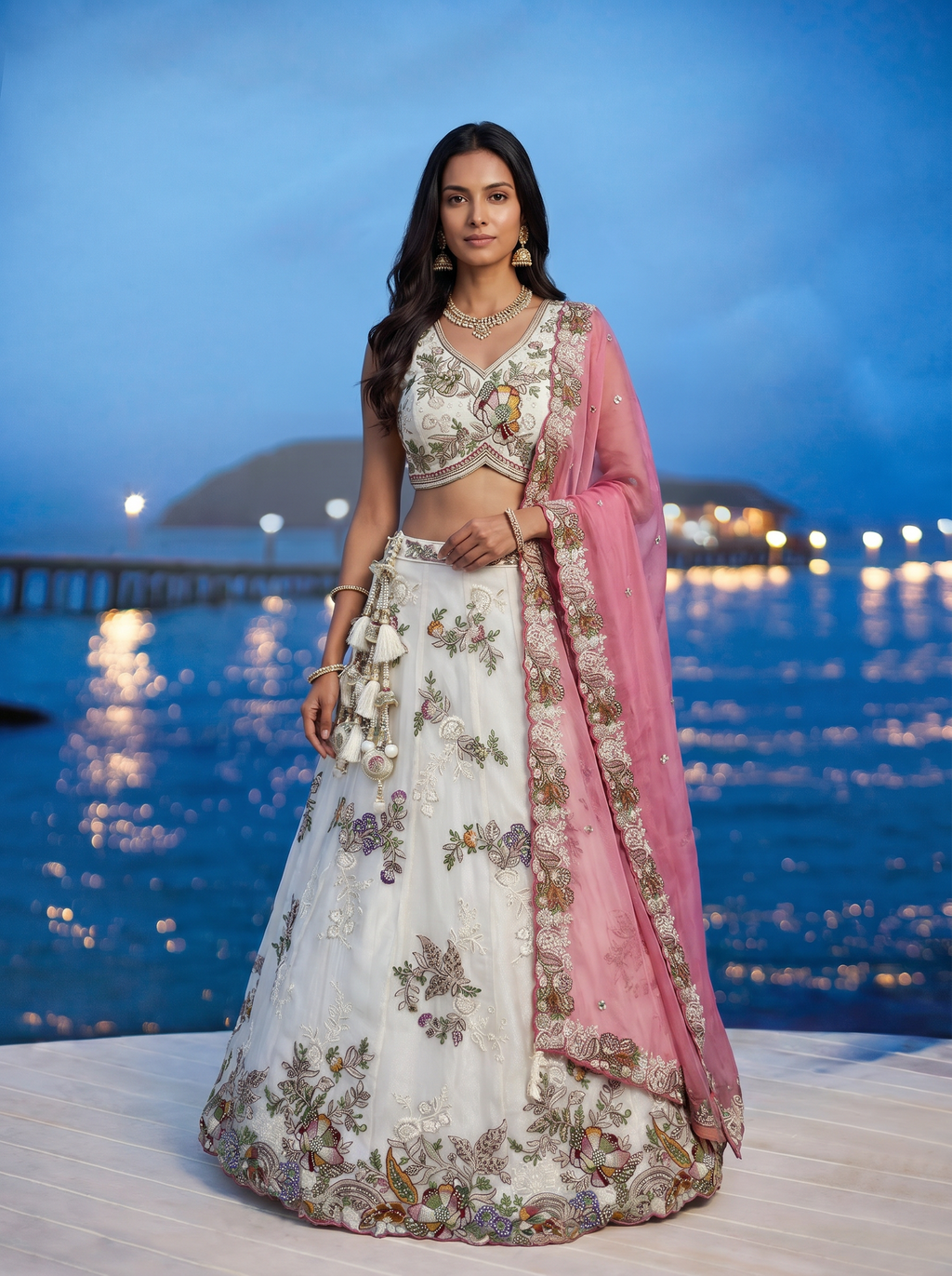Off-White Tissue Lahenga with Woolen Embroidery