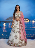 Off-White Tissue Lahenga with Woolen Embroidery