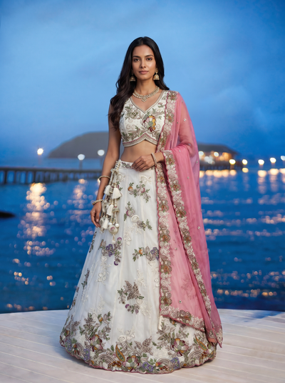 Off-White Tissue Lahenga with Woolen Embroidery